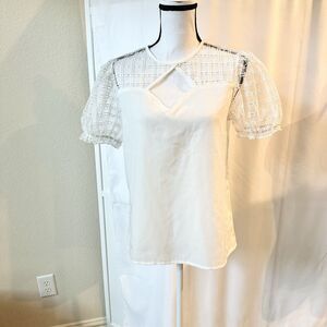 Luna Rae Women White Ivory Blouse Top Medium Puffy Short Sleeve Lace Keyhole